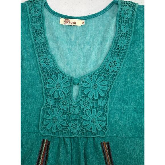 Aryeh Womens Sweater Dress Medium (XS) Teal Green Floral Butterflies Boho Lace - Picture 6 of 9